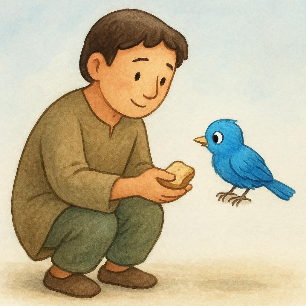 A person in simple attire gently offering a piece of bread to a small, hungry bird perched on their outstretched hand.