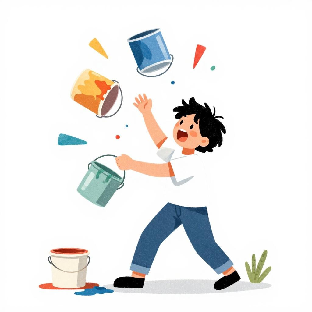 A person with messy hair and wide eyes wildly splashing various colors of paint onto a wall with an intense expression.