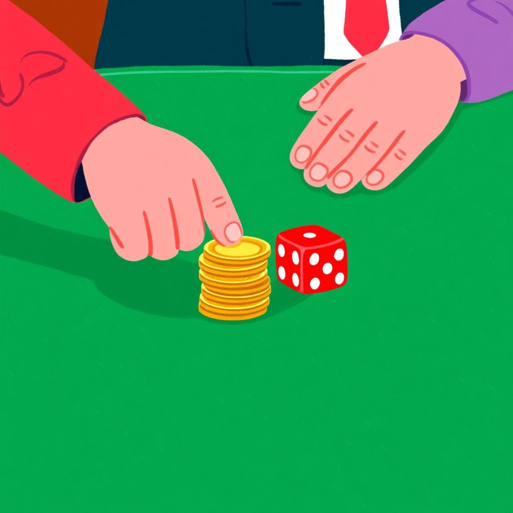 Two hands placed on a green felt table, with one hand pushing a small stack of shiny gold coins toward a pair of red and white dice.