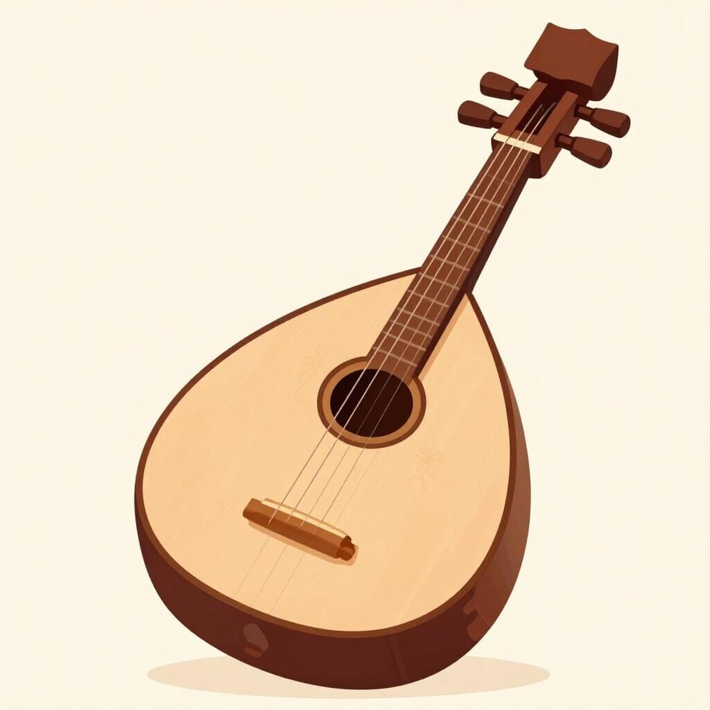 A wooden oud instrument with a pear-shaped body and a short neck.