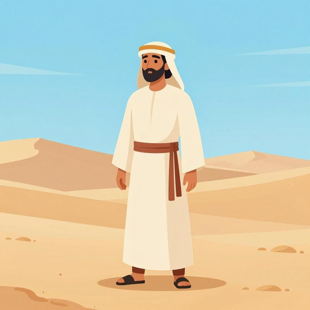 Una persona in vesti storiche in piedi in un paesaggio desertico.