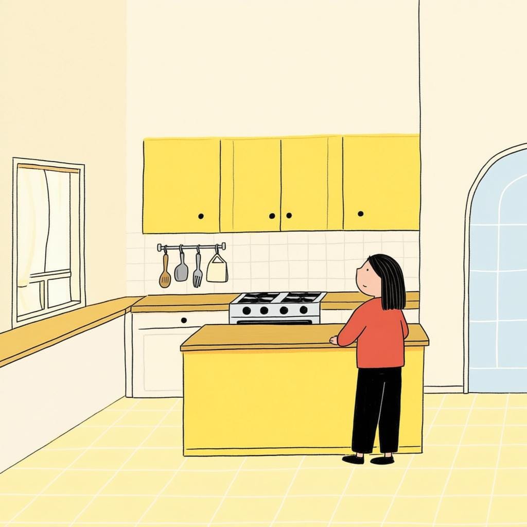 A person standing inside a bright, colorful kitchen, suggesting they were located there.