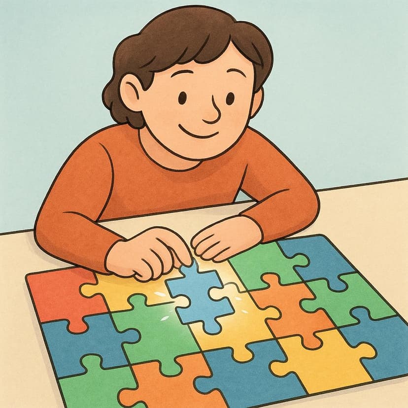 A smiling person placing the final, oddly shaped piece into a large, colorful jigsaw puzzle, completing the picture on a wooden table.