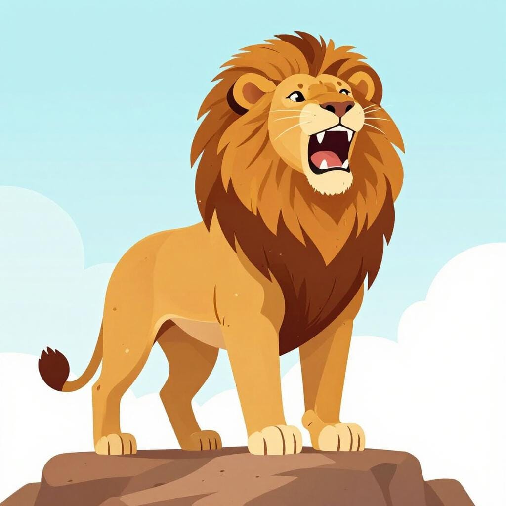 岩の上に高く立ち、力強く断固とした姿勢で吠える力強いライオン。