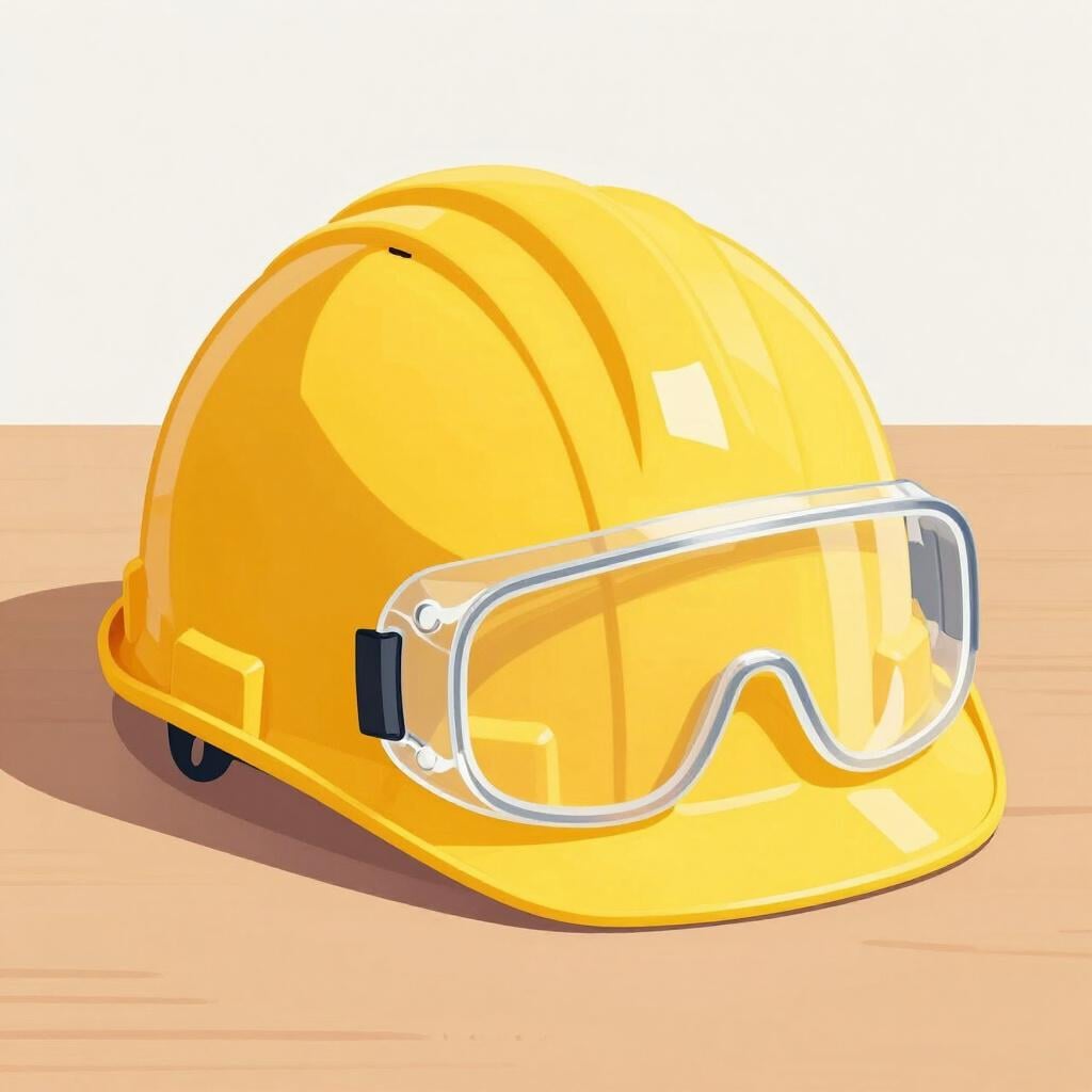 A hard hat and safety goggles placed on a wooden surface, representing mandatory safety equipment.