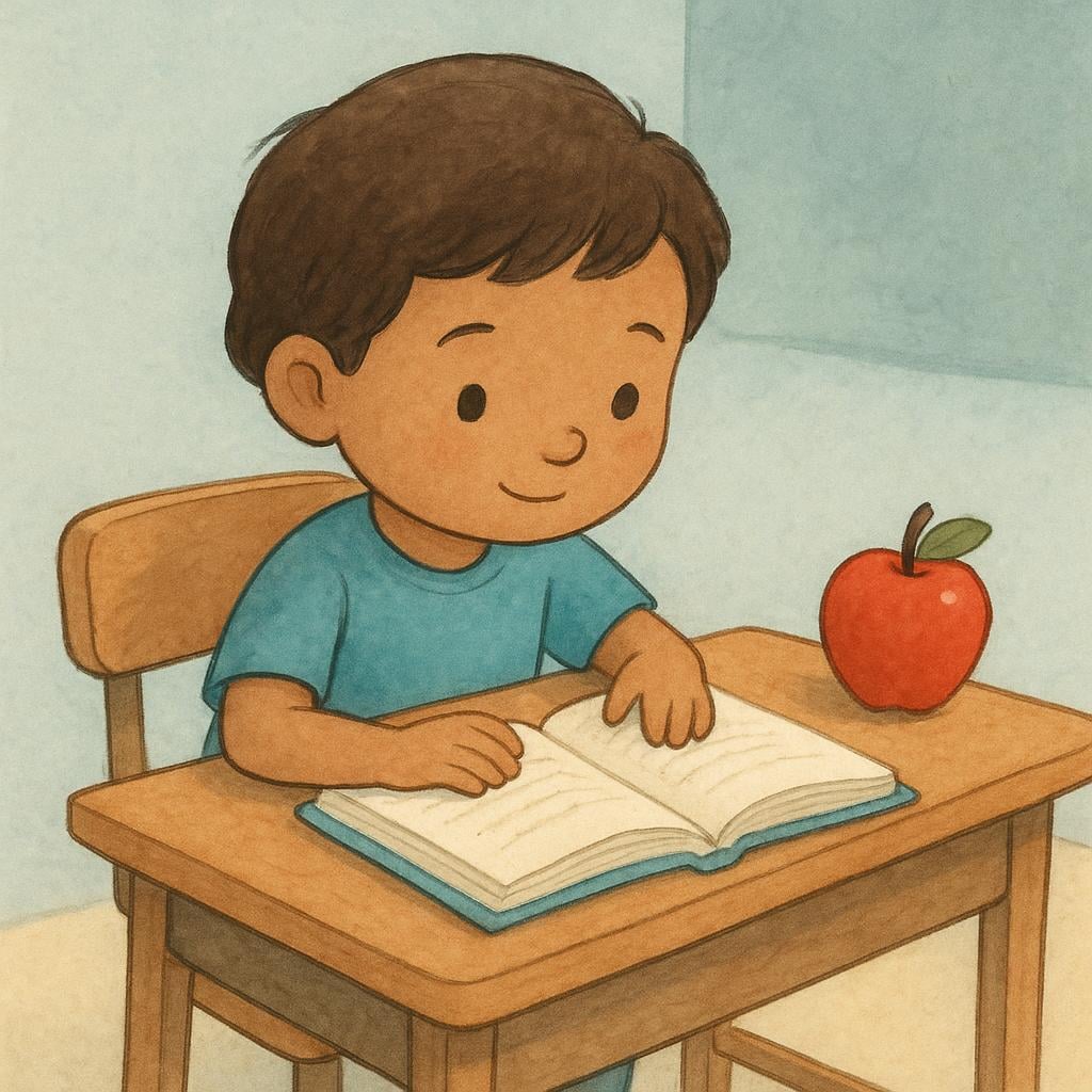 A student sitting at a wooden desk with an open textbook, surrounded by colorful crayons and supplies, representing a specific class.