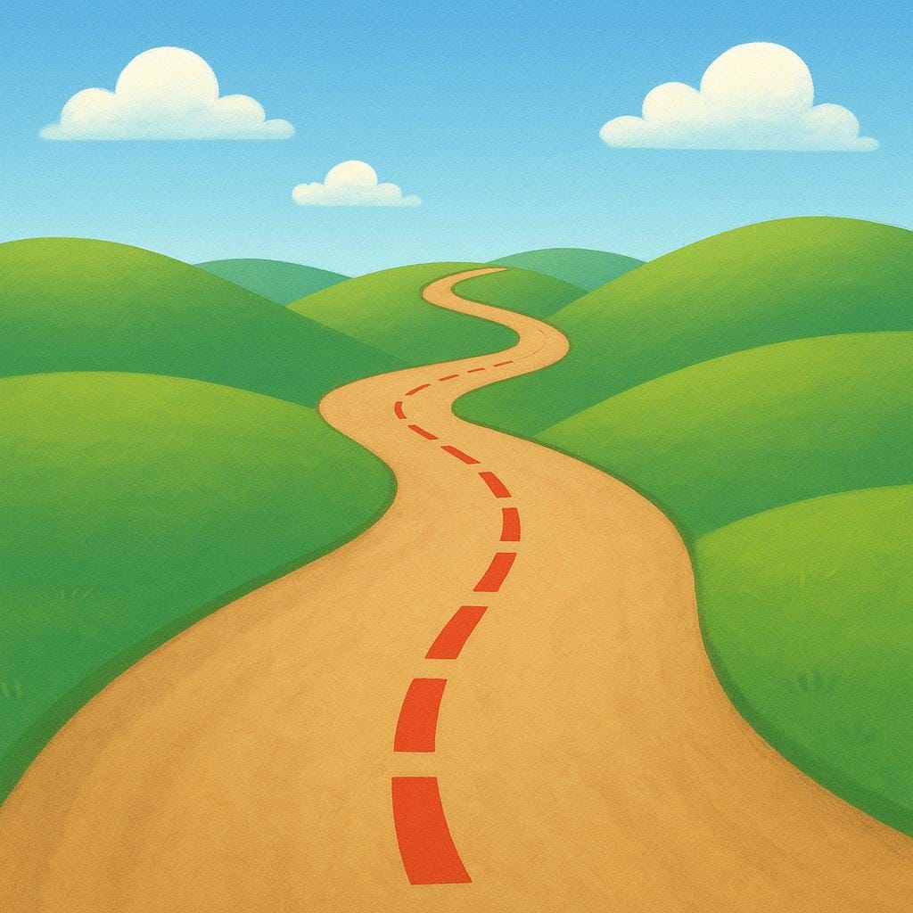 A winding dirt road stretching over green hills. A bright red dashed line is superimposed on the road, indicating a physical route from the foreground to the background.