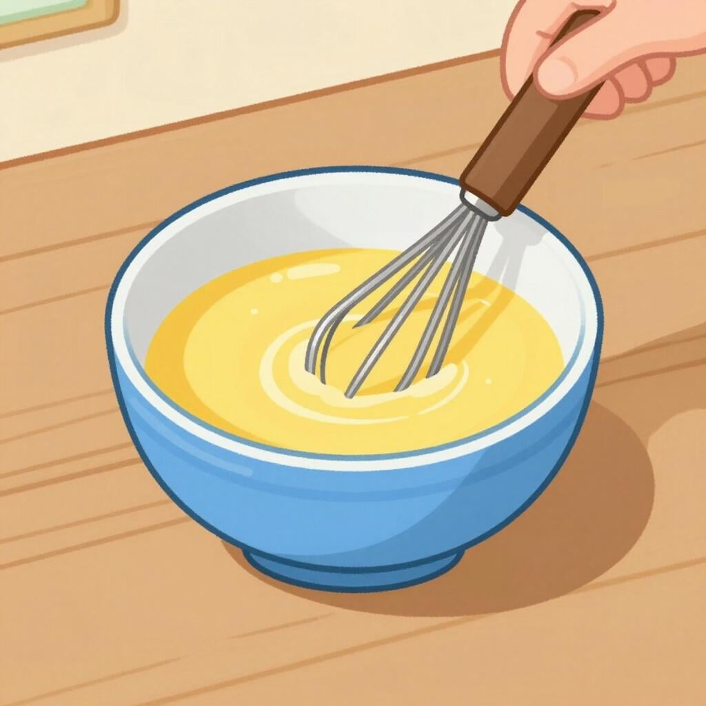 A hand holding a metal whisk inside a ceramic bowl, mixing a yellow liquid.