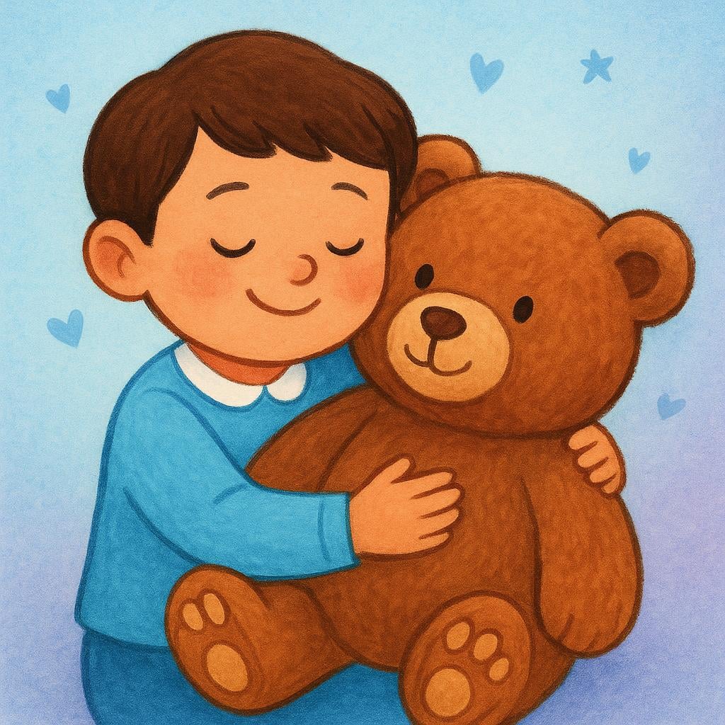 A young child smiling brightly while lovingly hugging a worn, brown teddy bear. Other unused toys are scattered nearby.
