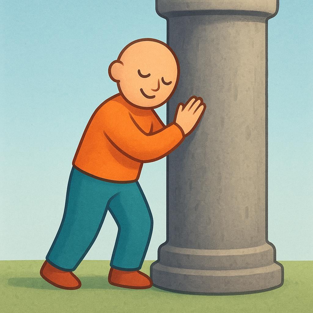 A simplified figure standing and leaning all their weight onto a very large, sturdy, gray stone column, looking relaxed and supported.