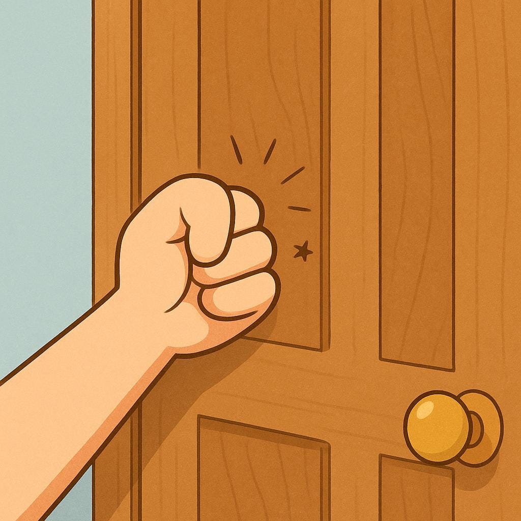 A person's fist raised, clearly knocking on a closed brown wooden door.