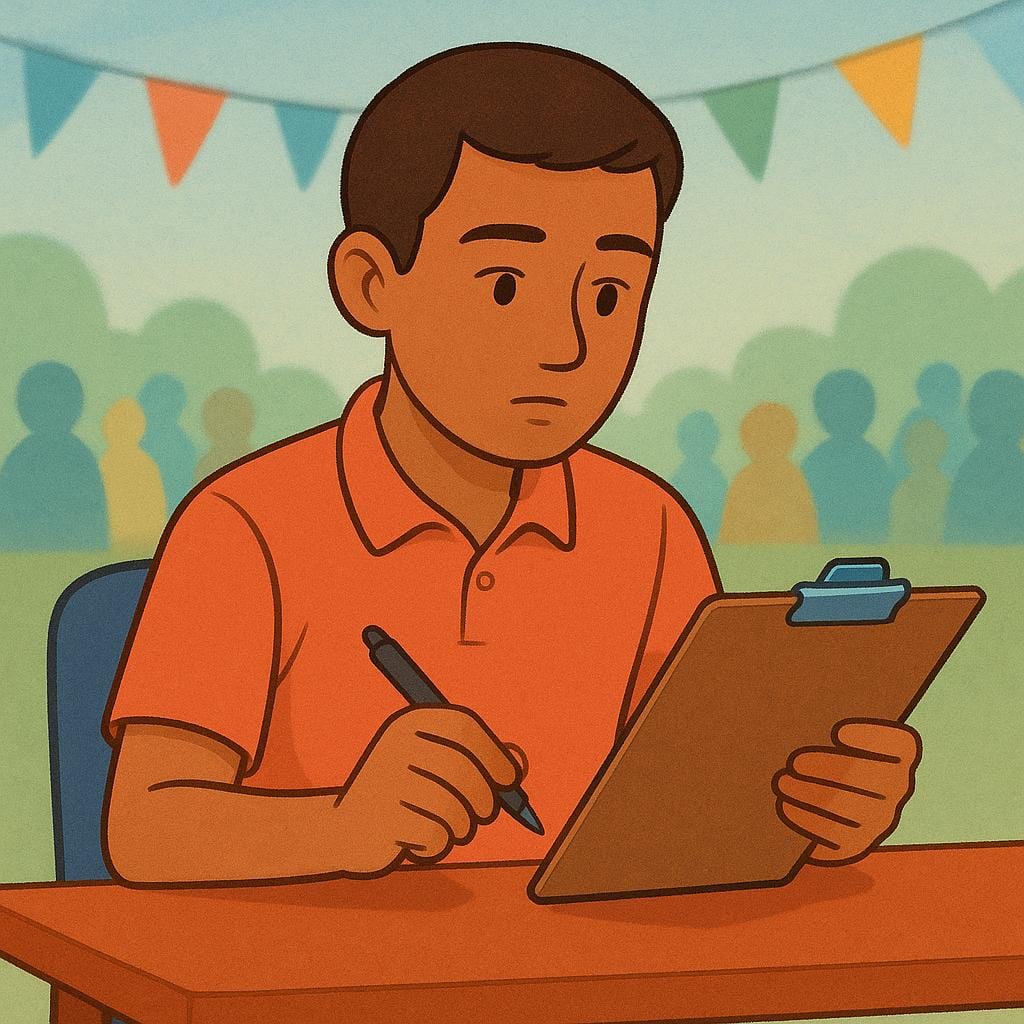 A person in everyday clothes sitting at a table, holding a clipboard and a pen, intently watching an unseen event to score it, representing a competition judge.
