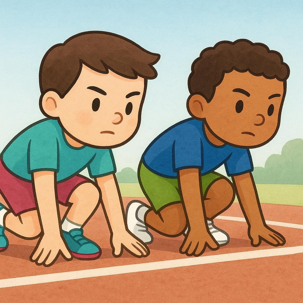 Two cartoon runners in brightly colored uniforms crouched low at a simple starting line, focused intently, signifying they are ready to begin.