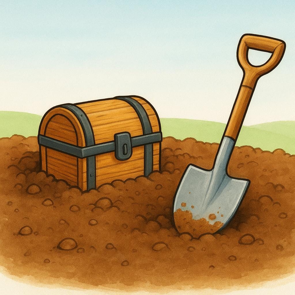 A small wooden treasure chest half-submerged in brown dirt, with a simple silver shovel resting next to it.