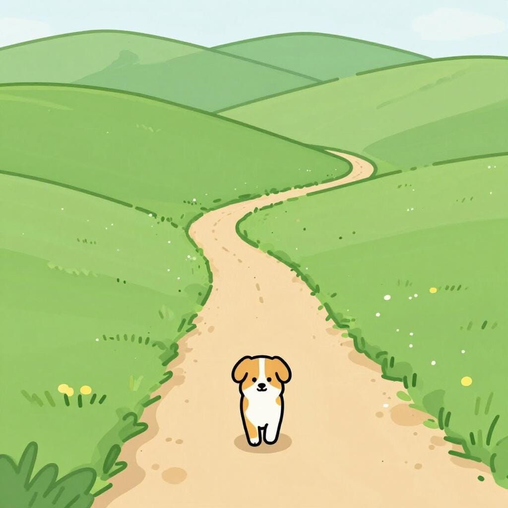 A small dog walking along a winding dirt path through a grassy field with no clear destination.