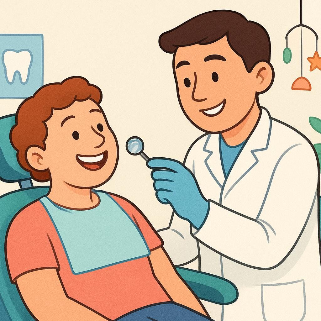 A colorful storybook illustration showing a professional dentist wearing a white coat and gloves, examining a patient's open mouth with a small dental mirror.
