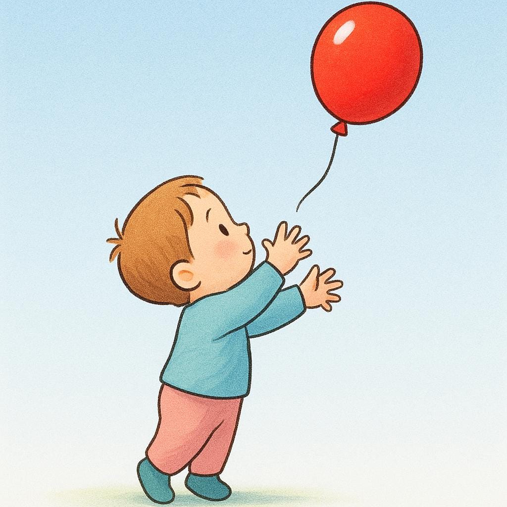 A small child stands on tiptoes, eagerly reaching up towards a bright red balloon floating just beyond their grasp, symbolizing future desire.
