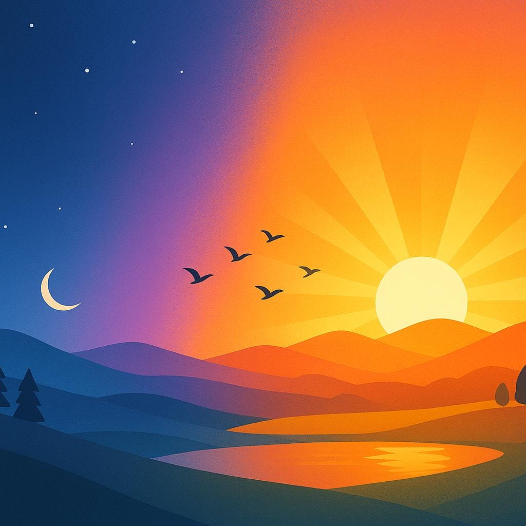 Uma paisagem mostrando a transição de um céu noturno azul escuro em um lado para um nascer do sol brilhante e colorido no outro, indicando que o amanhecer está se aproximando.