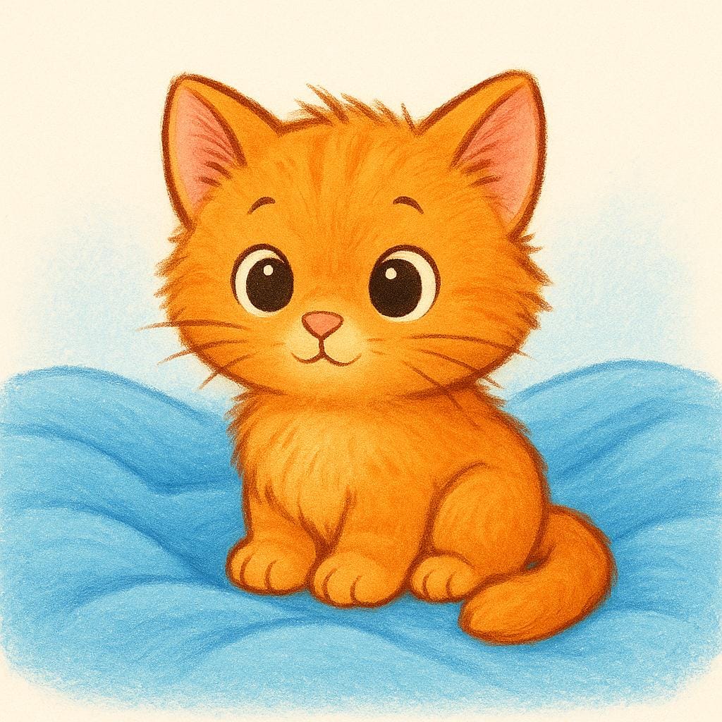 A small, fluffy orange kitten with large green eyes sitting peacefully on a soft blue blanket.