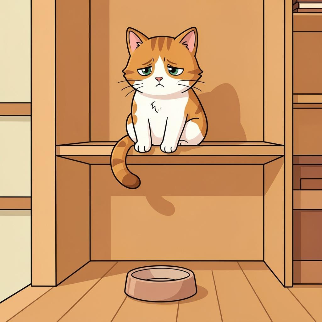 A mischievous cat sitting on a high shelf next to a spilled bowl of treats it cannot reach.
