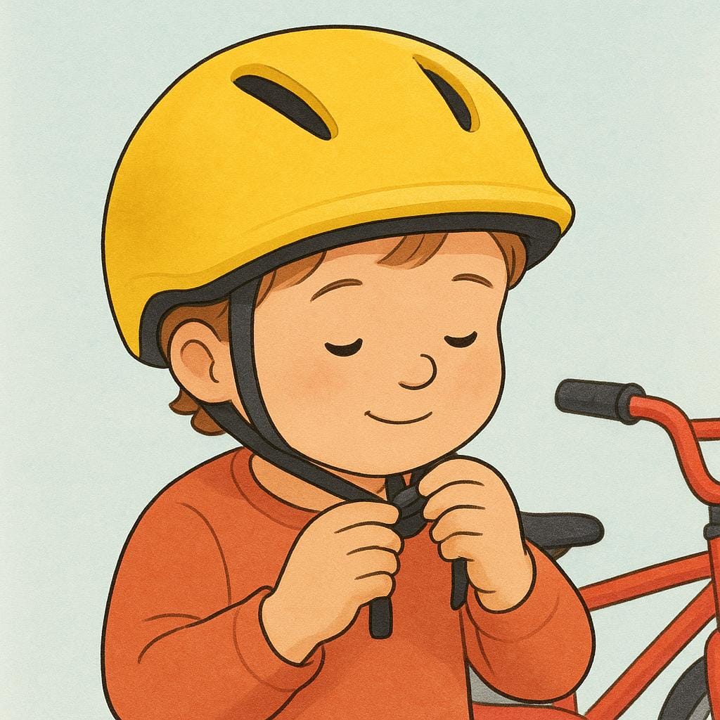 A child fastening the strap of a bright yellow safety helmet, representing a protective action or step taken.