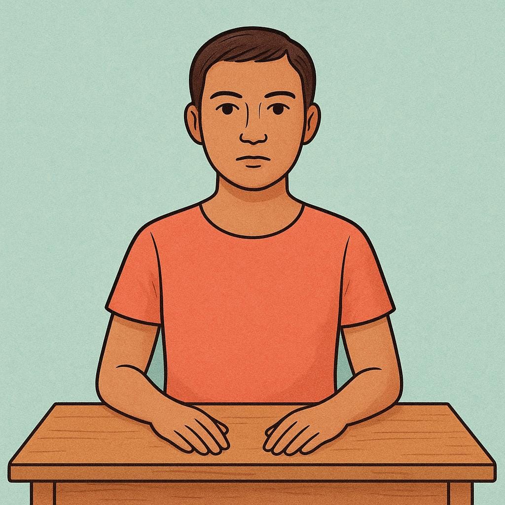 A storybook illustration of a person sitting upright at a desk, looking directly ahead with a serious, composed expression, illustrating a serious demeanor.