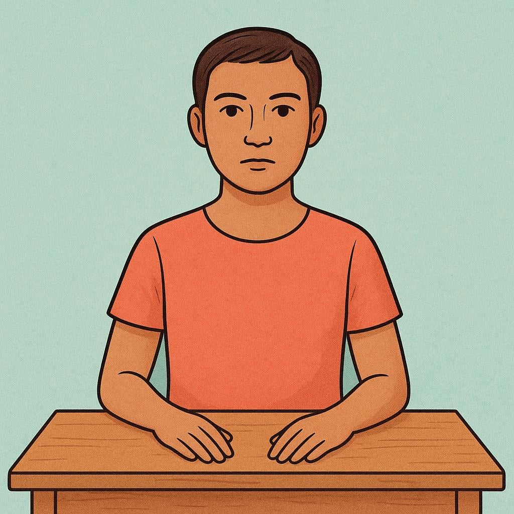 A storybook illustration of a person sitting upright at a desk, looking directly ahead with a serious, composed expression, illustrating a serious demeanor.