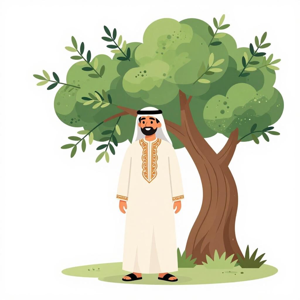 Un'illustrazione amichevole di una persona in abiti tradizionali in un uliveto.