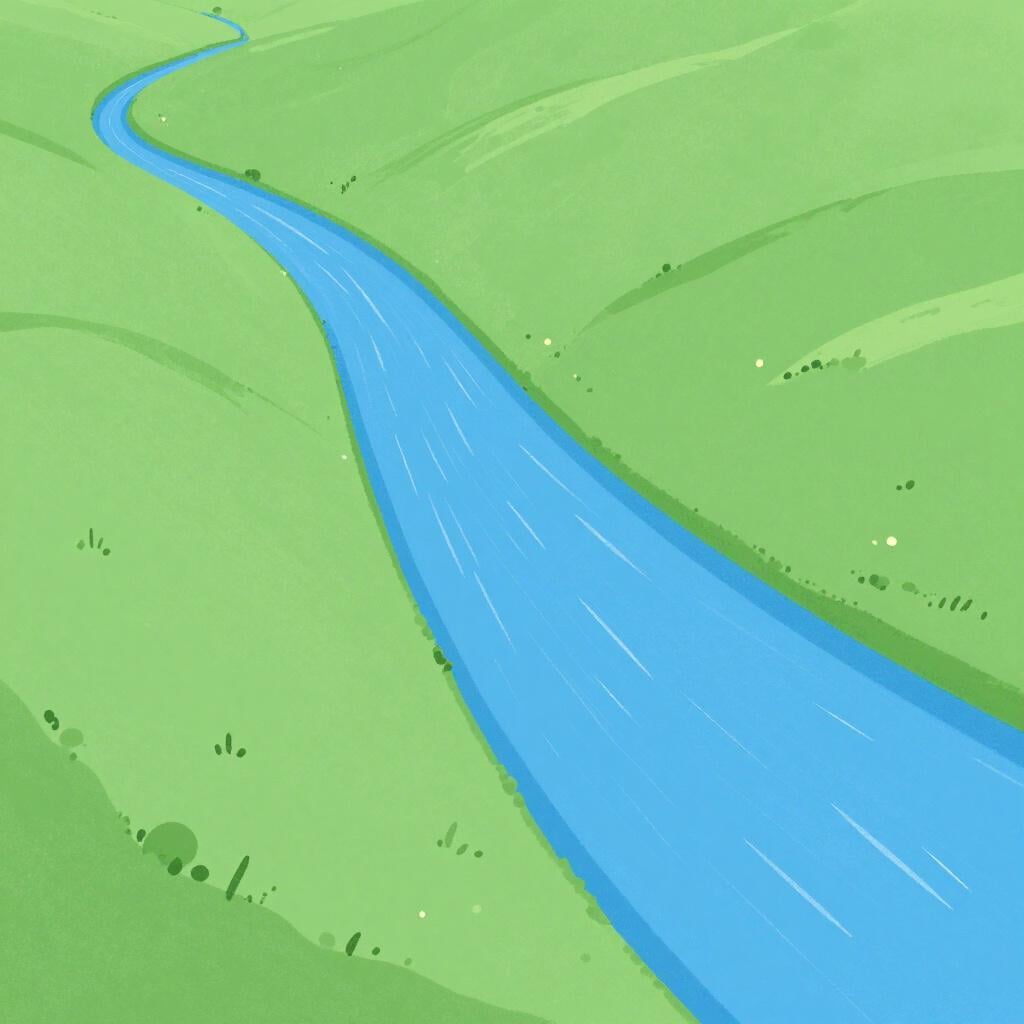 A single, unbroken blue river winding through a vast green meadow under a clear sky.