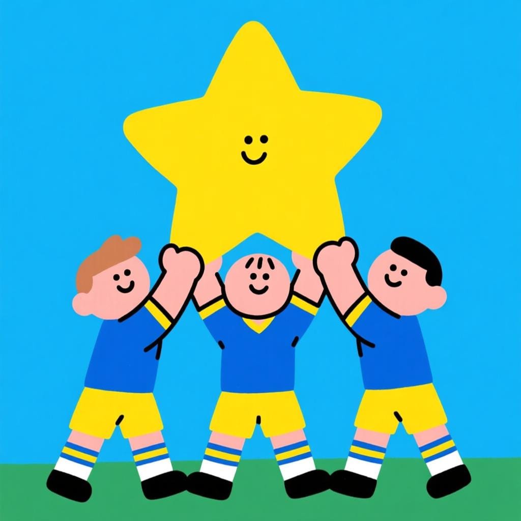 Three cheerful cartoon figures wearing matching blue uniforms collaborating to lift a large, bright yellow star, symbolizing teamwork.