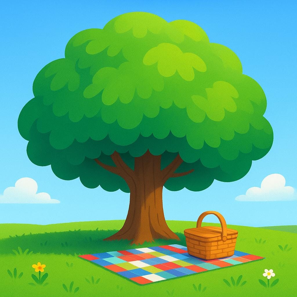 A picnic setup resting beneath the cool, dark canopy of a large green tree, sheltered from the bright sun.