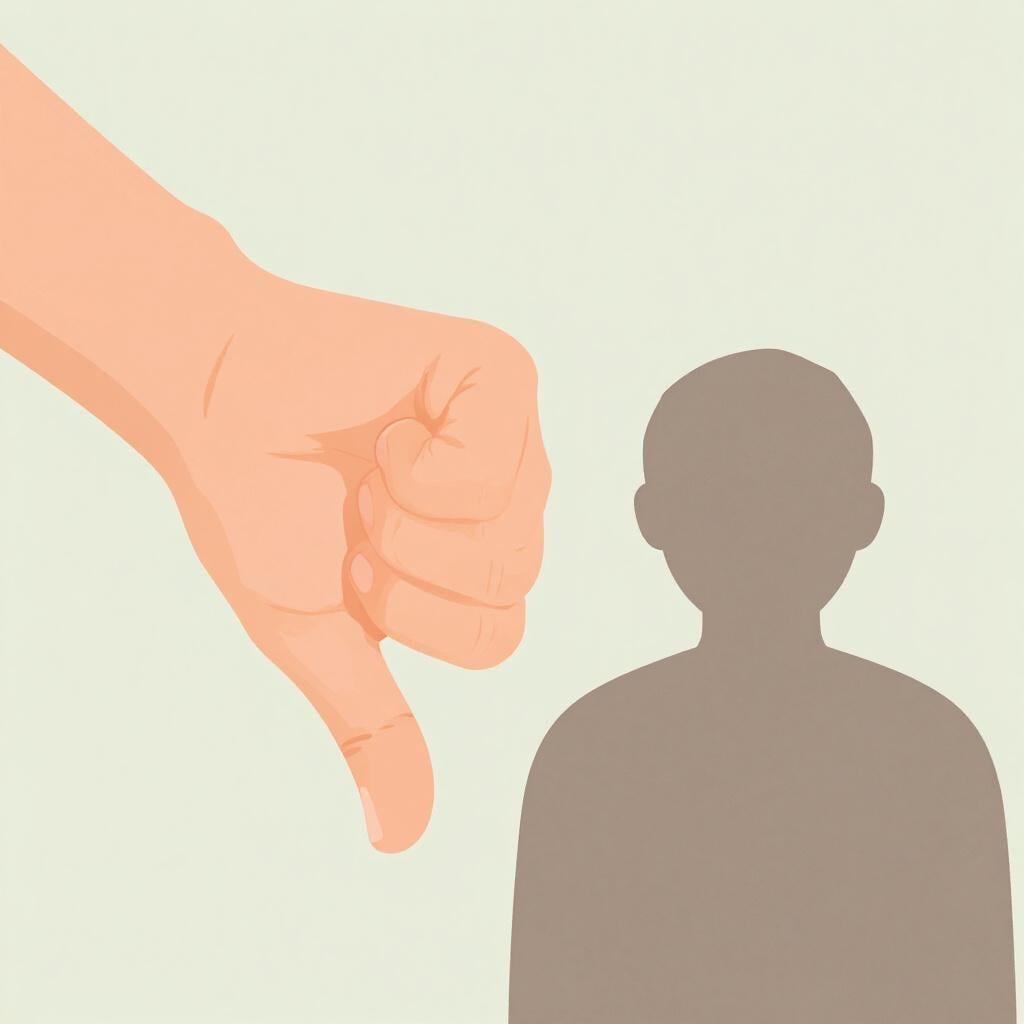 A thumb pointing down next to a silhouette of a person's head.