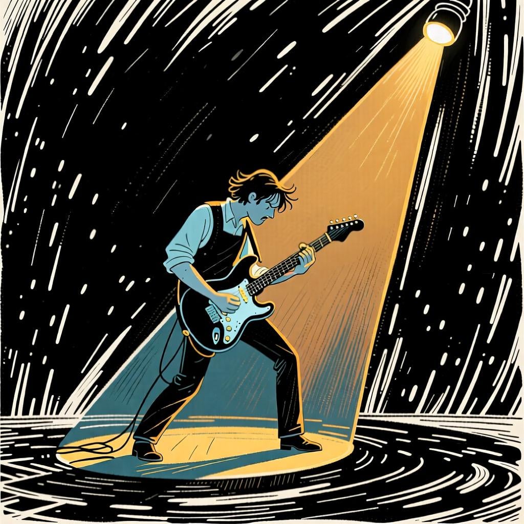 A musician playing a guitar solo on a stage, lit by a spotlight.