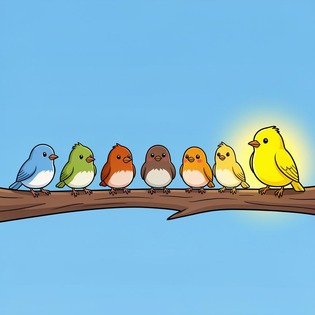 A row of seven colorful birds sitting on a wooden branch, with the bird at the very end highlighted.