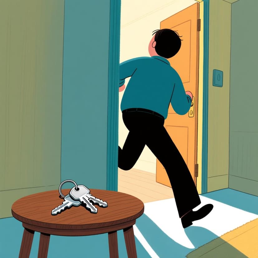 A person is quickly walking out of a room, their back turned, while a set of shiny house keys rests visibly on a small, empty wooden table near the door, symbolizing they were left behind.