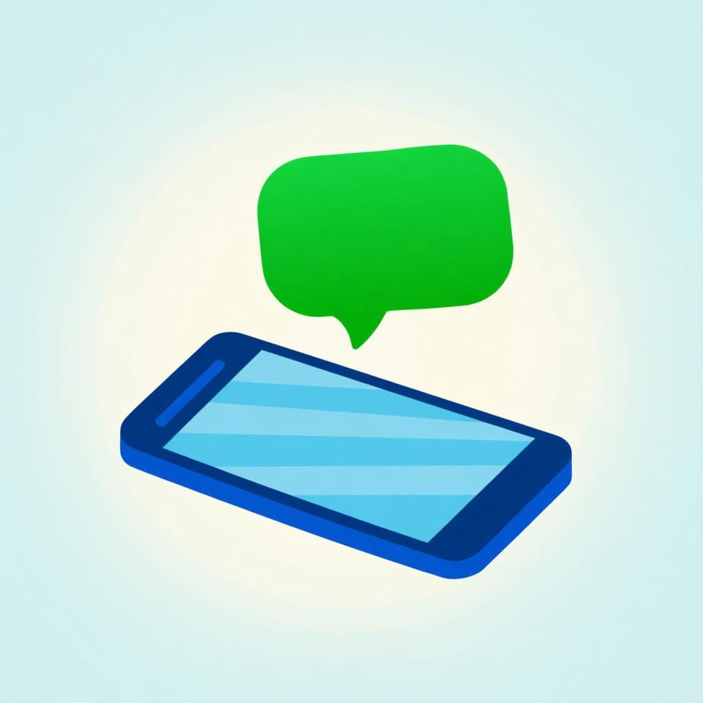 Eine einfache, farbenfrohe Illustration eines modernen blauen Smartphones im Zentrum auf hellem Hintergrund, mit einer leuchtend grünen Sprechblase über dem Bildschirm, die Kommunikation symbolisiert.