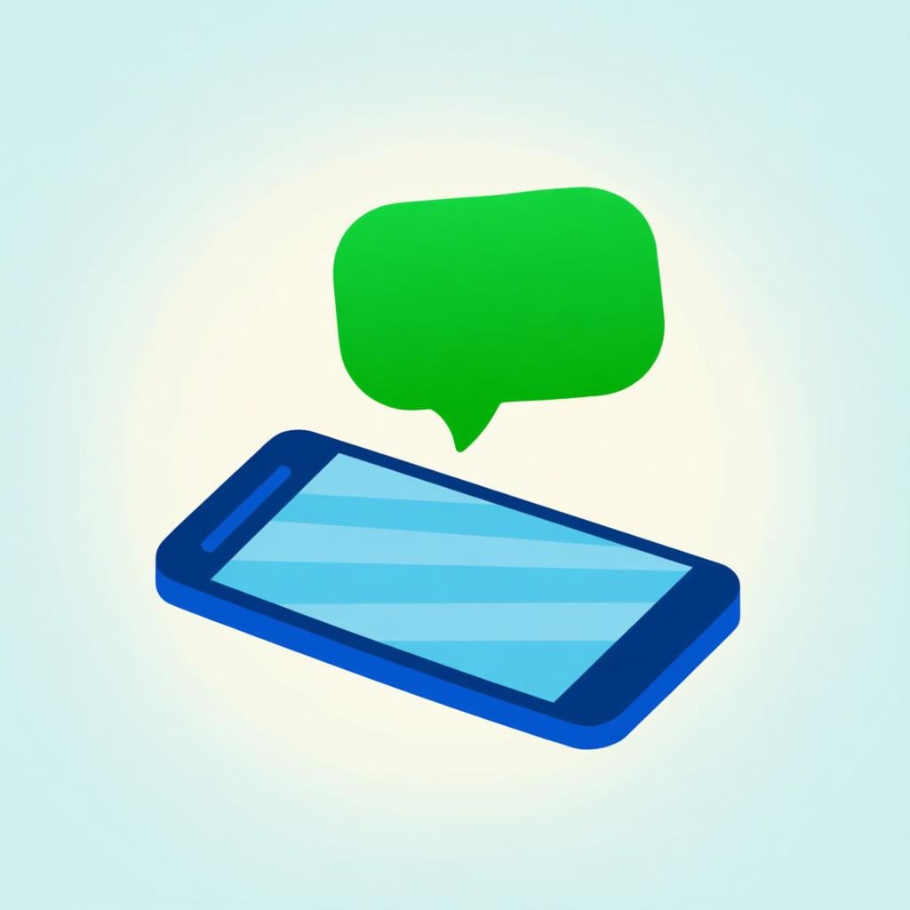 A simple, colorful illustration of a modern blue smartphone centered on a light background, with a vibrant green speech bubble floating above the screen, symbolizing communication.