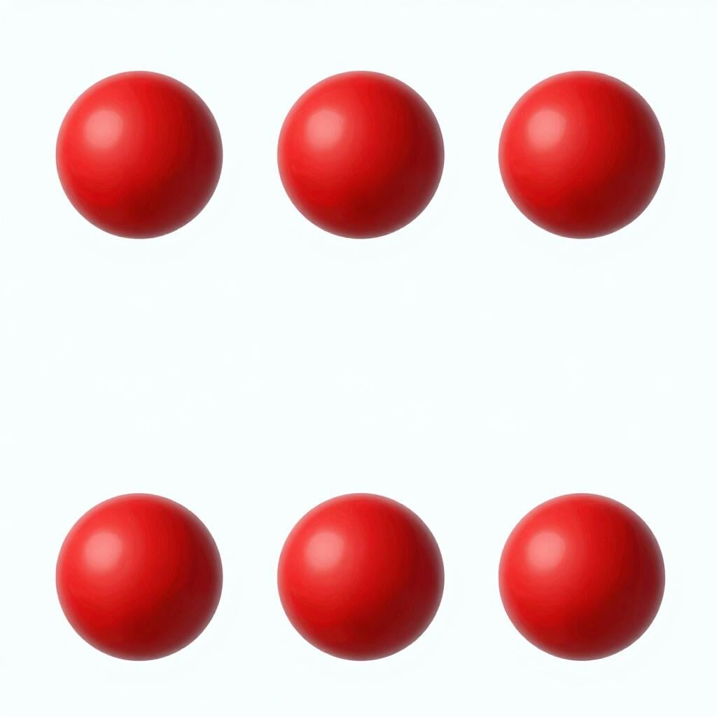 Three identical brightly colored red balls suspended in mid-air, spaced at perfectly equal intervals along a horizontal line, illustrating regular occurrence.
