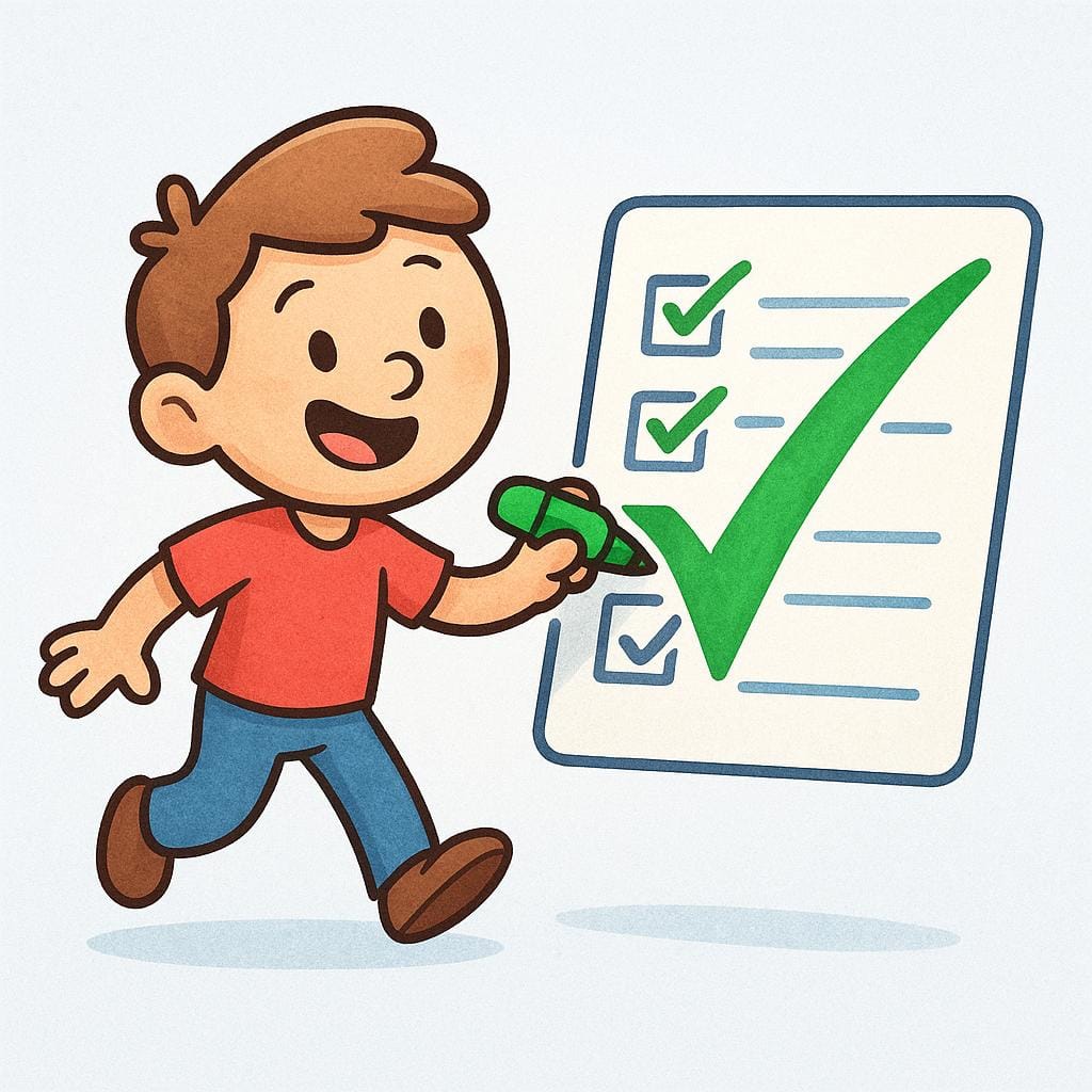 A cheerful cartoon character holding a marker and drawing a large green checkmark over a simple drawing of a completed task list.