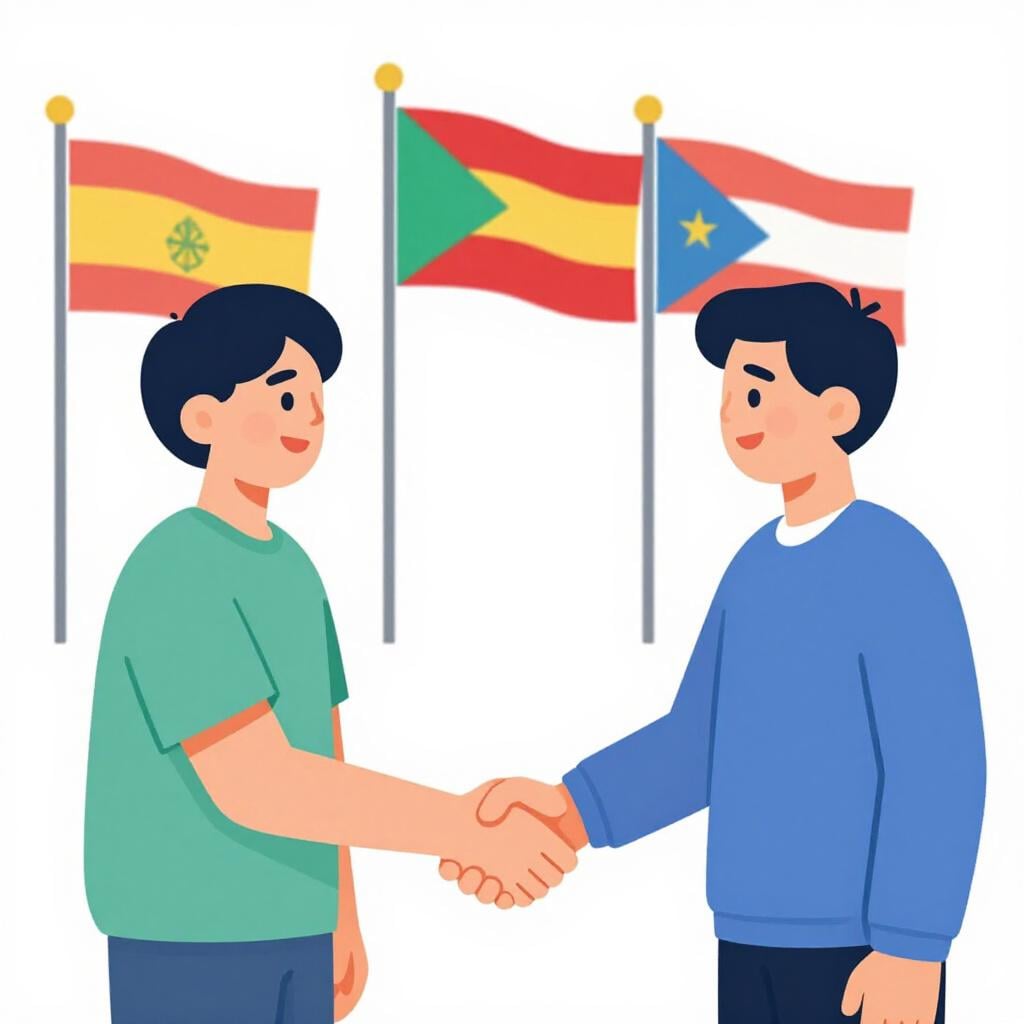 Two people from different cultures shaking hands in front of several different national flags.