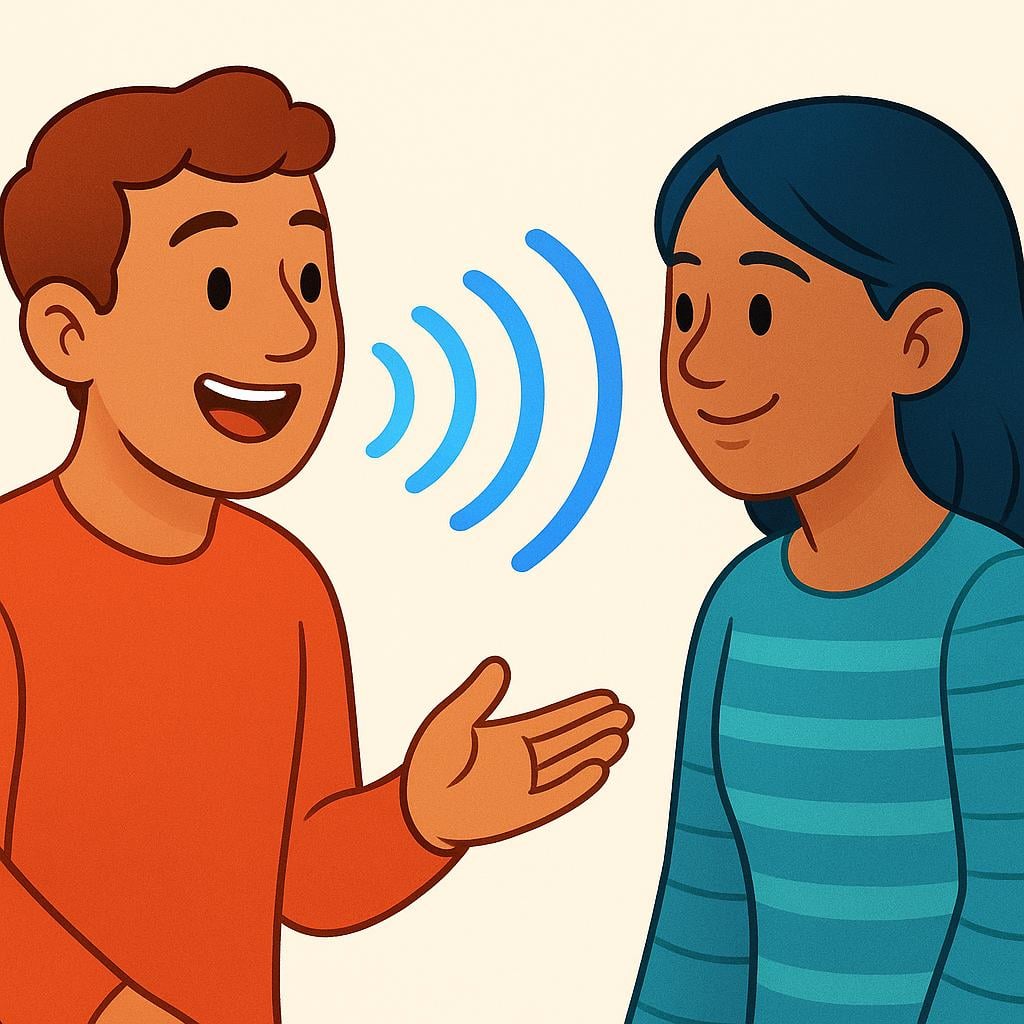 A simple illustration showing two cartoon figures communicating face-to-face, with sound waves clearly flowing from one person's mouth to the other's ear, representing spoken language.