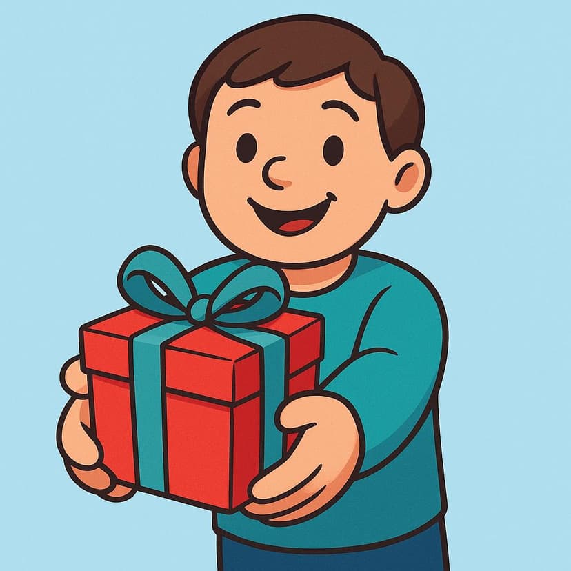 A simple, colorful storybook illustration showing a friendly cartoon character holding a brightly wrapped present in both outstretched hands, offering it forward.