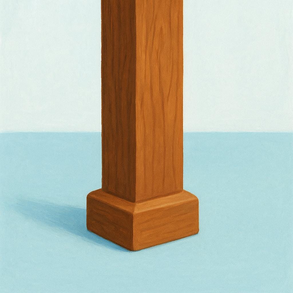 A close-up view of a sturdy, brown wooden table leg with a square foot, standing firmly on a light-colored floor.