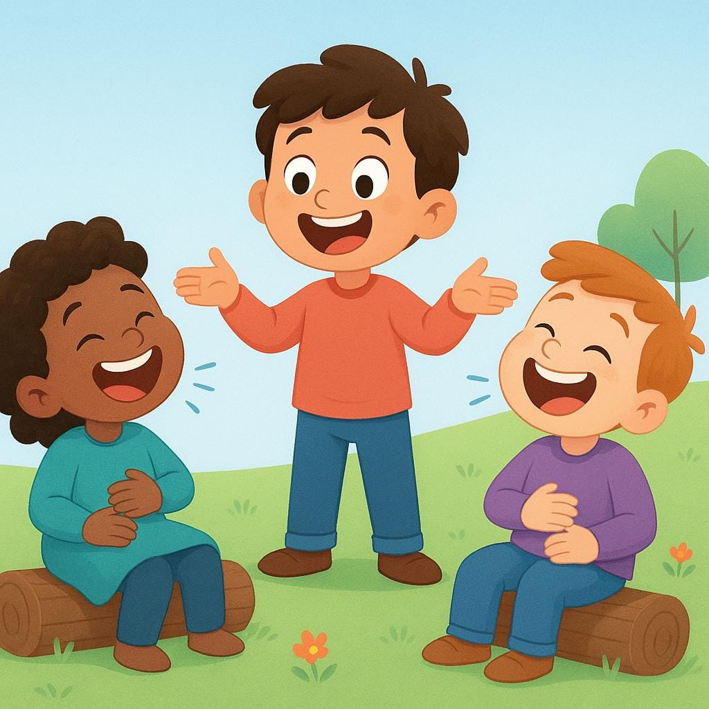 A character telling a joke which causes two other characters to burst into uncontrolled laughter.