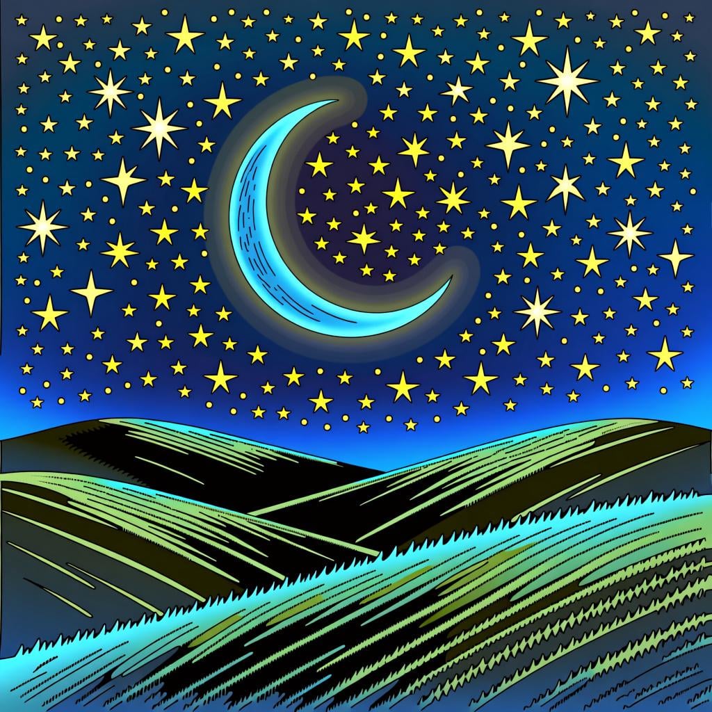 A beautiful starry night sky over a quiet, peaceful landscape.