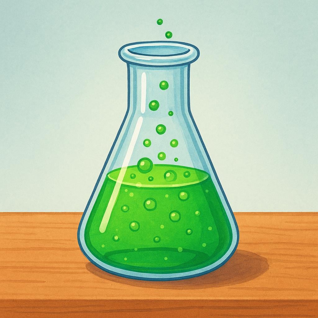 A glass Erlenmeyer flask containing a bubbling green liquid, representing the science of chemistry.