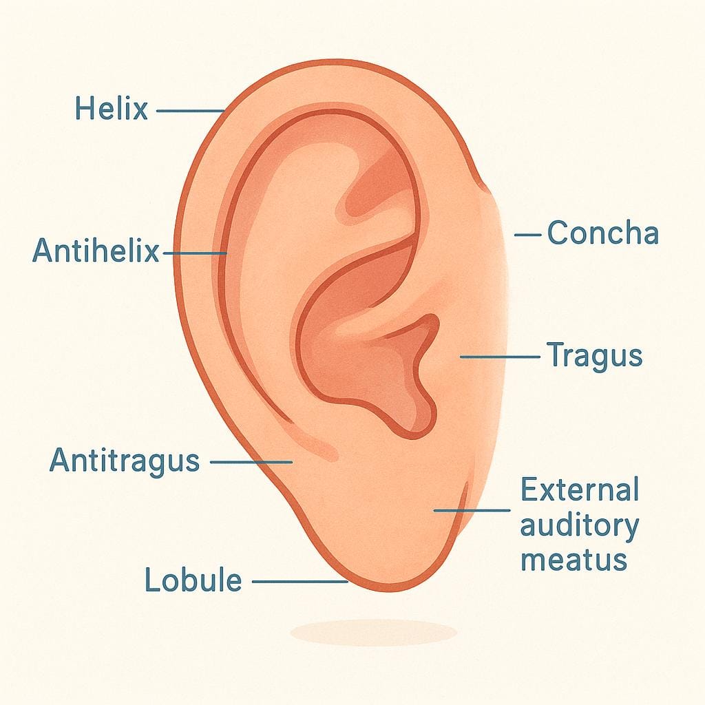 A close-up illustration of a human ear, showing the outer helix and lobe.