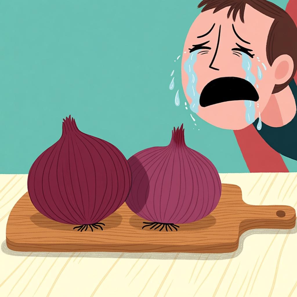 Two large brown onions placed on a wooden cutting board next to a person whose eyes are tearing up dramatically, showing a cause and effect.