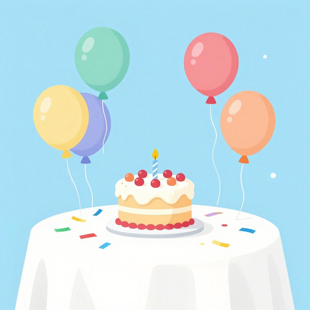 A colorful party scene with balloons, a cake with candles, and bright confetti on a wooden table.