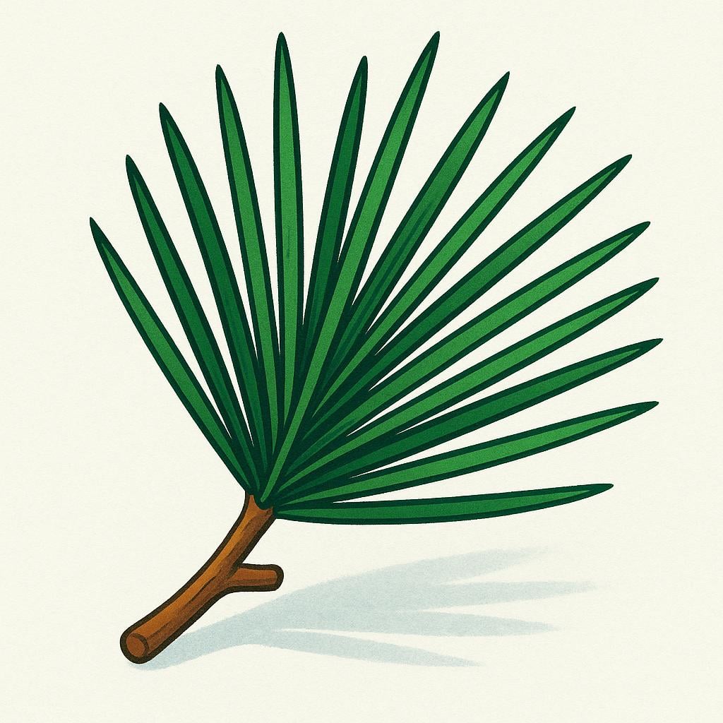 A cluster of several long, thin, dark green pine needles attached to a small brown twig.